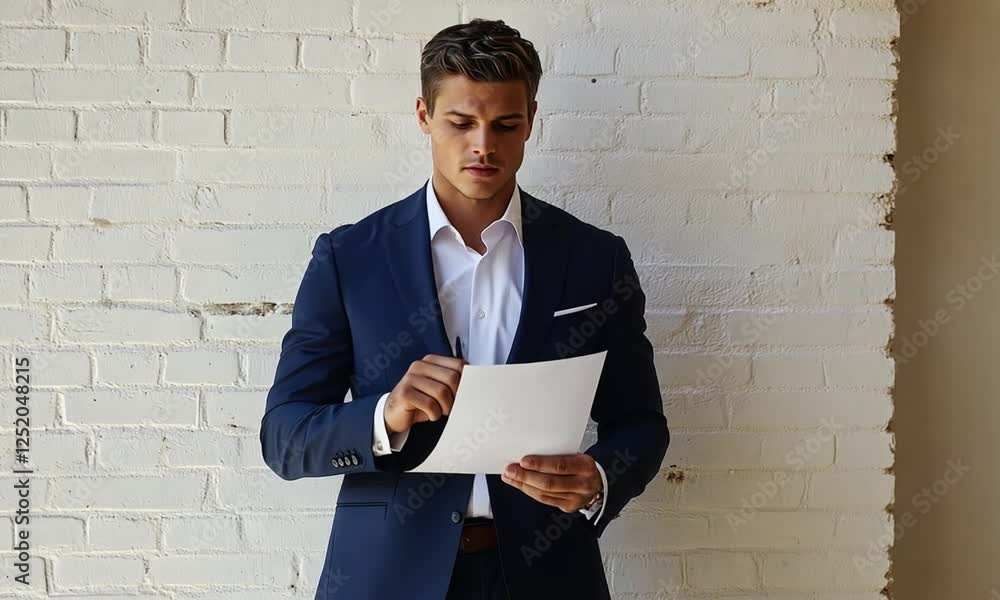 Man In Navy Suit Reading Document Against White Brick Man In Navy Suit Reading Document Against White Brick