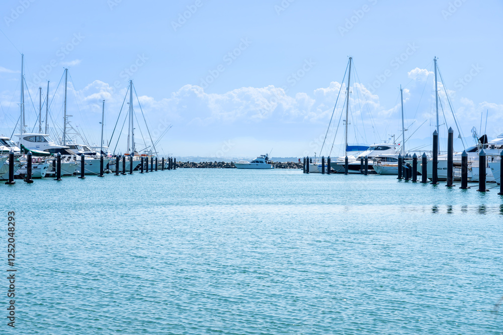 Tauranga marina with piers and moored boats and channel. Tauranga marina with piers and moored boats and channel.