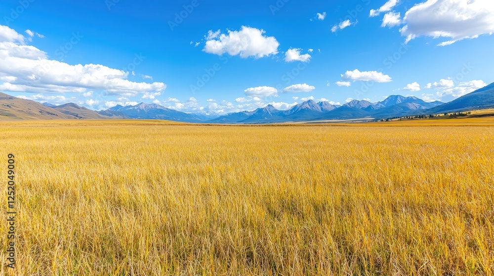 Golden field, mountain backdrop, sunny day, landscape Golden field, mountain backdrop, sunny day, landscape