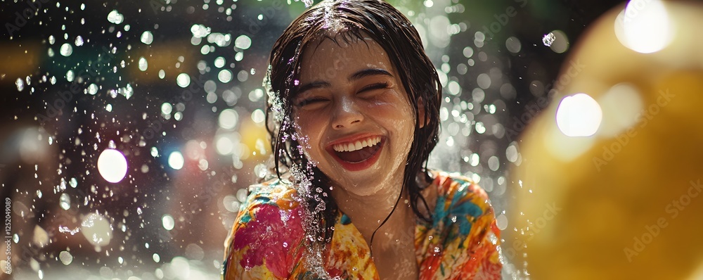 A joyful girl is laughing and playing in water, representing the essence of happiness and carefree moments during summertime A joyful girl is laughing and playing in water, representing the essence of happiness and carefree moments during summertime