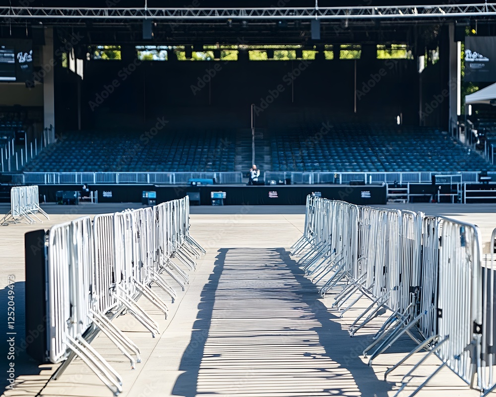 Fototapeta premium A picturesque view of an empty outdoor concert venue, showcasing the stage and bleachers, lined with barriers ready for an upcoming event, capturing a serene yet anticipatory atmos