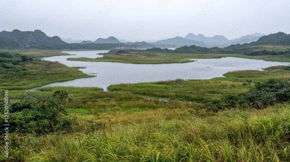 Serene lake and hills landscape, tranquil view, possible nature tourism or wallpaper Serene lake and hills landscape, tranquil view, possible nature tourism or wallpaper