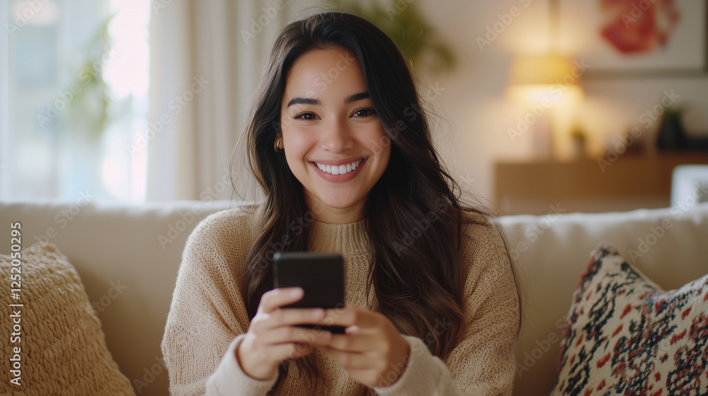 Cheerful Hispanic Young Woman Relaxing with Smartphone in Cozy Apartment Cheerful Hispanic Young Woman Relaxing with Smartphone in Cozy Apartment