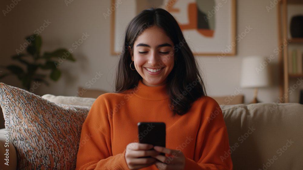 Cheerful Young Woman Engaged in Social Media in Cozy Living Space Cheerful Young Woman Engaged in Social Media in Cozy Living Space