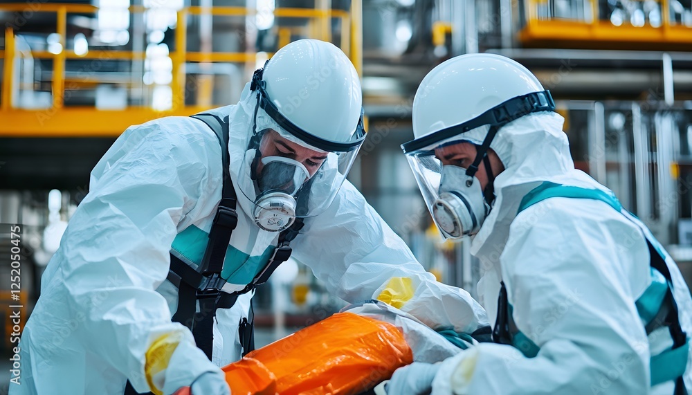Two workers in protective gear collaborating on a task in an industrial setting, showcasing safety protocols and teamwork in a high-risk environment. Two workers in protective gear collaborating on a task in an industrial setting, showcasing safety protocols and teamwork in a high-risk environment.