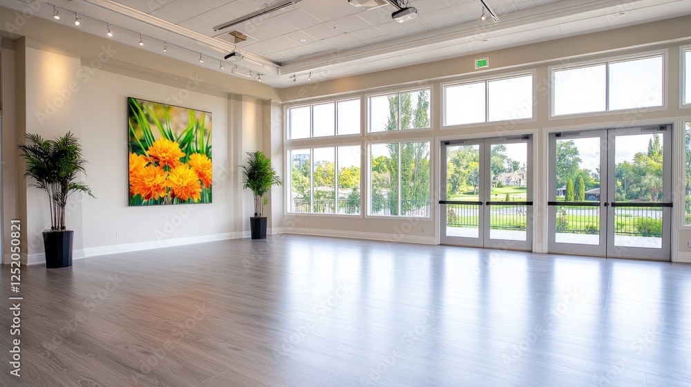 Obraz premium Bright event space with flower art, large windows, and garden view; ideal for event planning