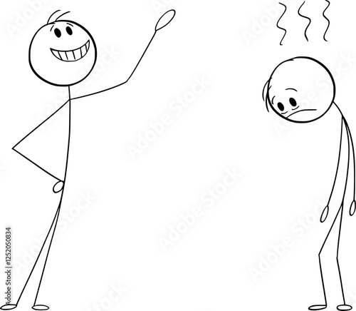 Depressed and happy persons , vector cartoon stick figure or character illustration.
