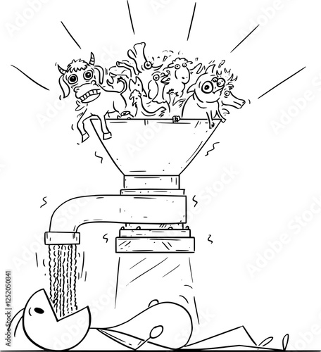 Person eating meat food, vector cartoon stick figure or character illustration.