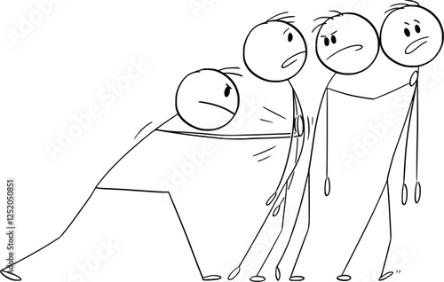 Leader pushing colleagues or teammates , vector cartoon stick figure or character illustration.