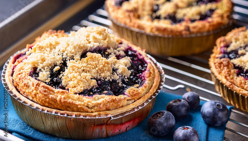 freshly baked bilberry pastry with golden brown crust crunchy crumble topping and juicy bilberry filling on a baking sheet for dessert or bakery themes