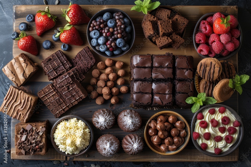 There are many different desserts on a wooden board with chocolate food background There are many different desserts on a wooden board with chocolate food background