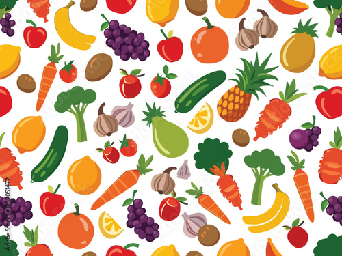 Flat Color Glyph Style Fruit and Vegetable Pattern