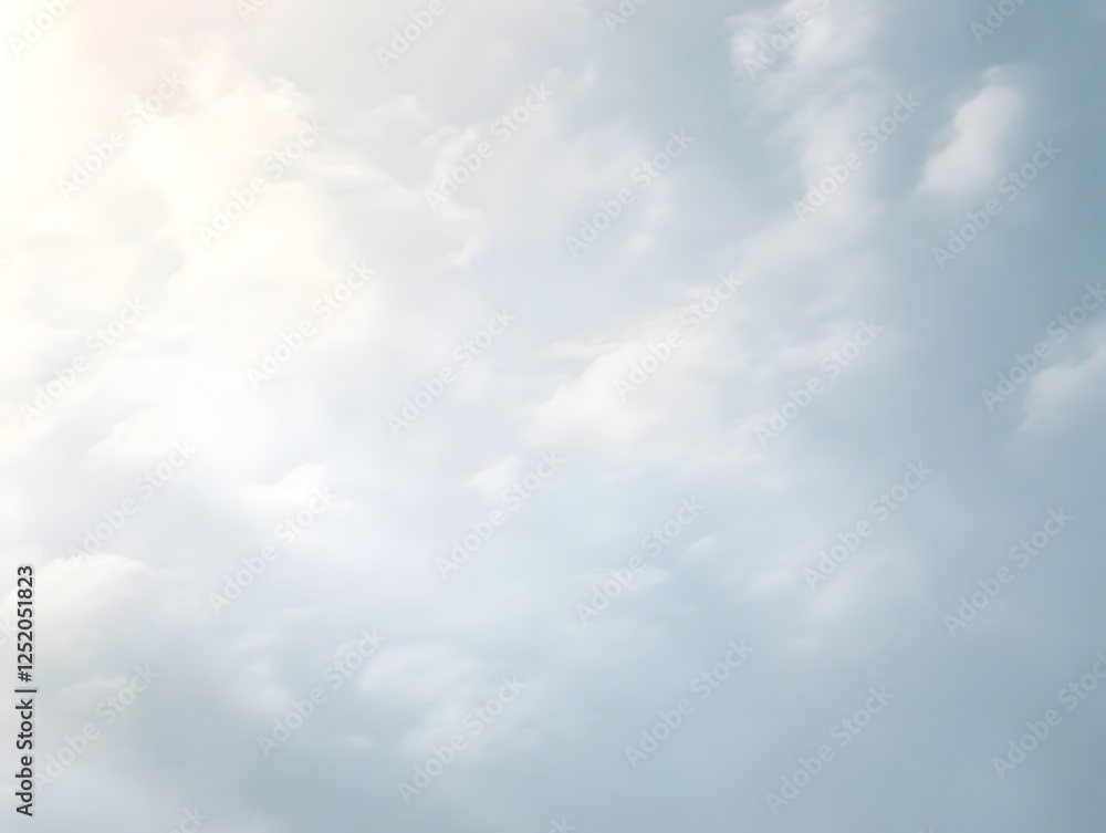 Obraz premium Cloudscape: Soft, ethereal clouds drift across a serene sky, bathed in the gentle glow of sunlight. The clouds are full of texture and detail, creating a sense of movement and tranquility. 