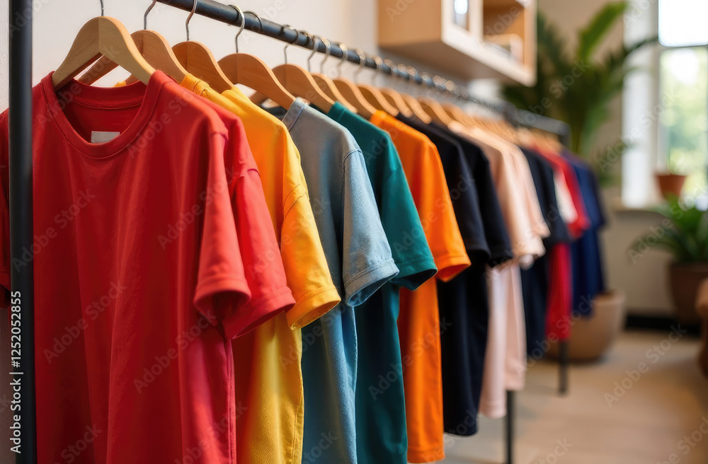 Obraz premium Rack with colorful t-shirts near light wall 