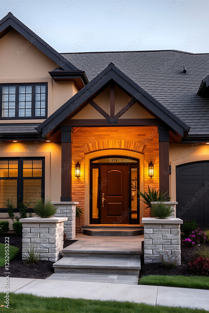Luxury Home Exterior at Dusk: Modern Brick House with Elegant Entrance and Landscaping Luxury Home Exterior at Dusk: Modern Brick House with Elegant Entrance and Landscaping