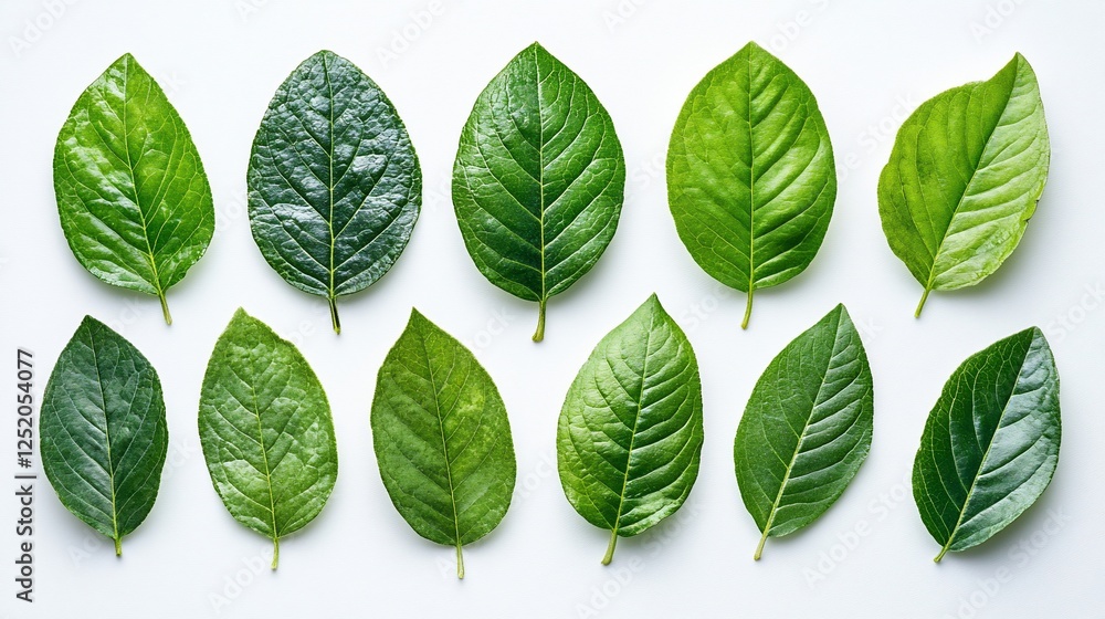 Green leaves arranged on white background, nature, design Green leaves arranged on white background, nature, design