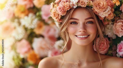 female model in garden with flowers crown