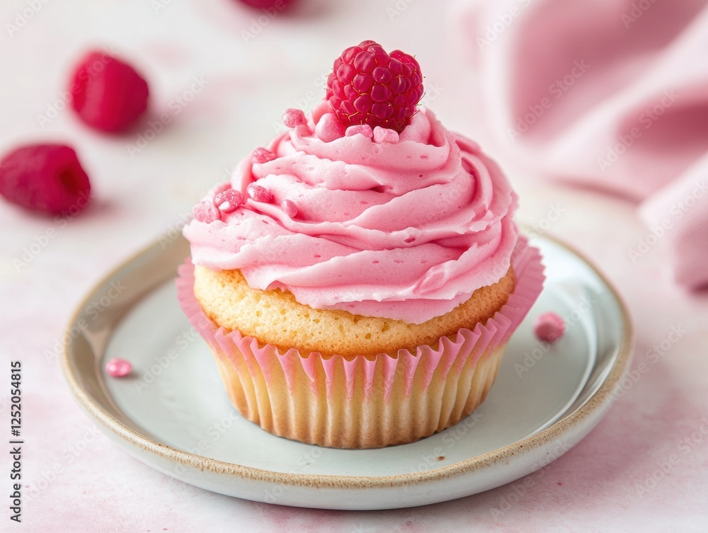 Delicious raspberry frosted cupcake on a plate with fresh raspberries nearby Delicious raspberry frosted cupcake on a plate with fresh raspberries nearby