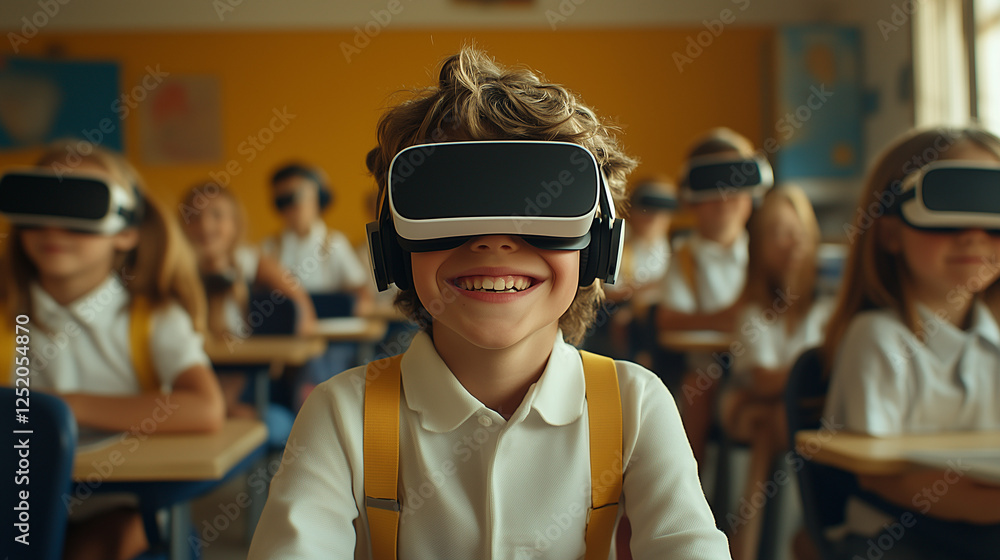 NIños en clase del colegio con gafas de realidad virtual NIños en clase del colegio con gafas de realidad virtual