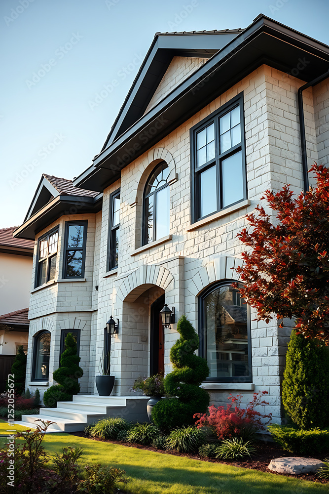 Fototapeta premium Luxury Home Exterior: Modern Brick Architecture and Landscaping Design