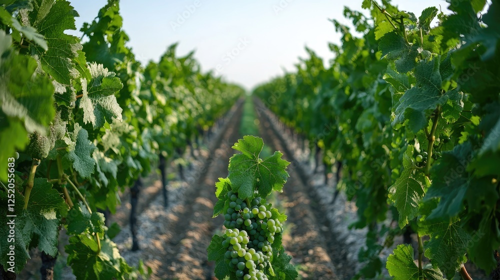 Vineyard rows, sunlit grapes, rural landscape, wine production Vineyard rows, sunlit grapes, rural landscape, wine production
