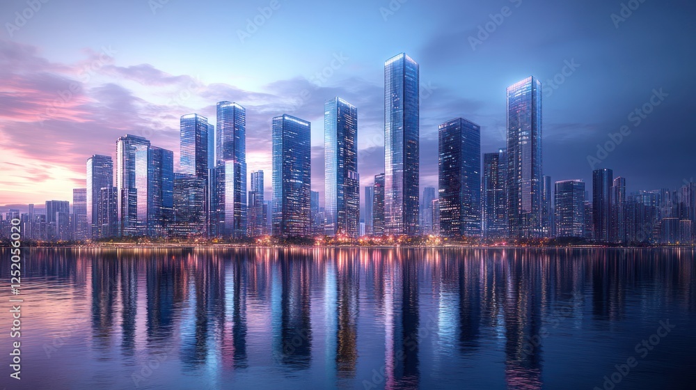 Fototapeta premium City skyline at sunrise reflected in a calm pool