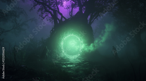 Eldritch Portal in a Dark Foggy Forest with Twisted Roots Cosmic Horror Fantasy Background