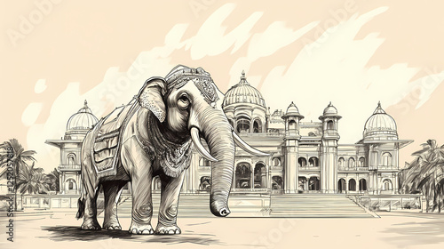 Sketch of mysore dasara elephant or jumboo savari in front of a palace with free space for text. Gargantuan Statues. Illustration photo