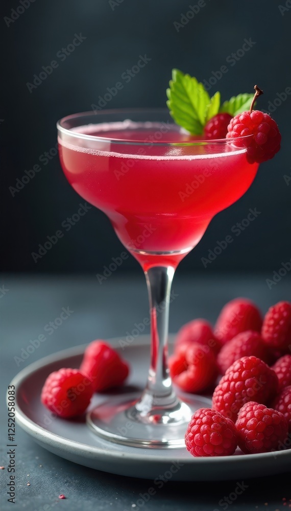 Fresh raspberries on gray plate next to a chilled glass of colorful French Martini cocktail, cocktail, fruit, beverage Fresh raspberries on gray plate next to a chilled glass of colorful French Martini cocktail, cocktail, fruit, beverage