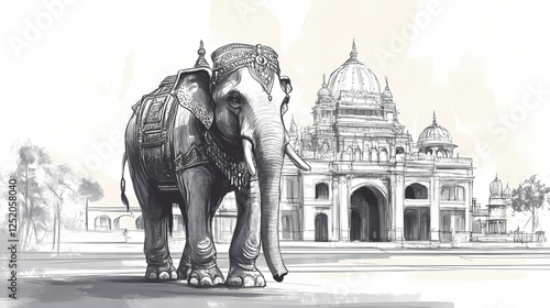 Sketch of mysore dasara elephant or jumboo savari in front of a palace with free space for text. Gargantuan Statues. Illustration photo