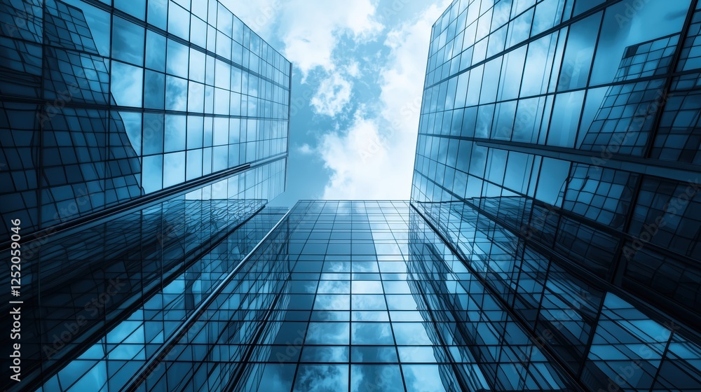 Fototapeta premium Blue Glass Skyscrapers Converging Toward a Bright Sky