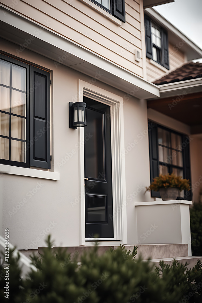 Modern House Exterior: Black Door, White Trim, and Beige Siding. A Stylish and Inviting Home Entrance with Landscaping Accents. Modern House Exterior: Black Door, White Trim, and Beige Siding. A Stylish and Inviting Home Entrance with Landscaping Accents.