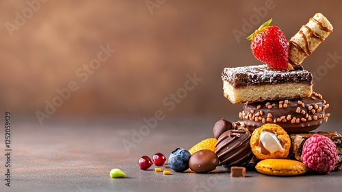 Stack of chocolate covered desserts topped with a fresh strawberry on a white plate