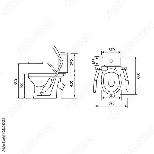 Toilet with armrests for disabled sign. Scheme with dimensions