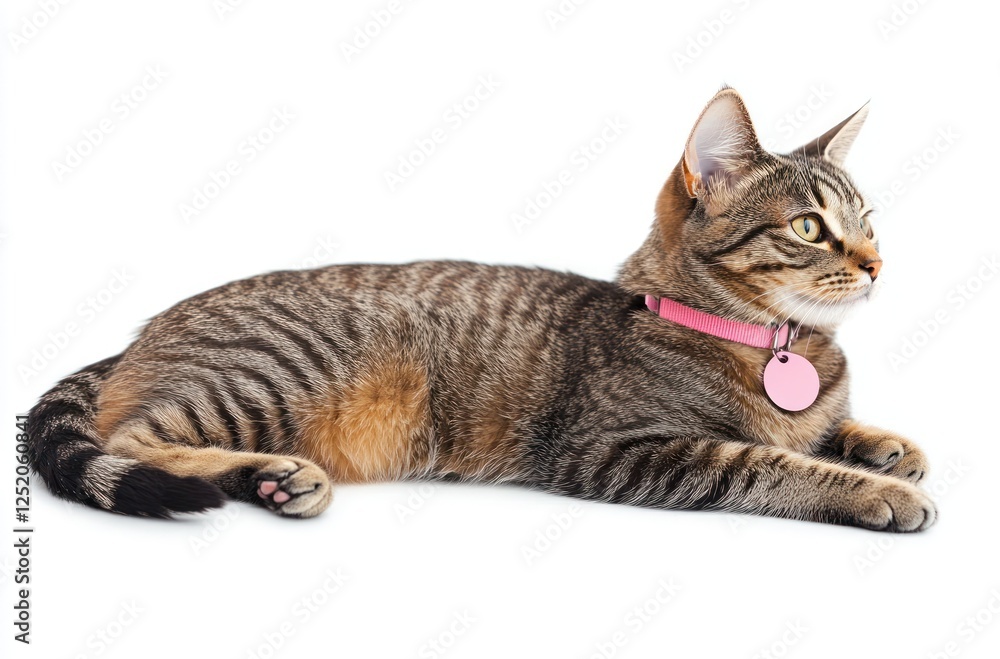 Tabby Cat Lying Down Wearing Pink Collar Tabby Cat Lying Down Wearing Pink Collar