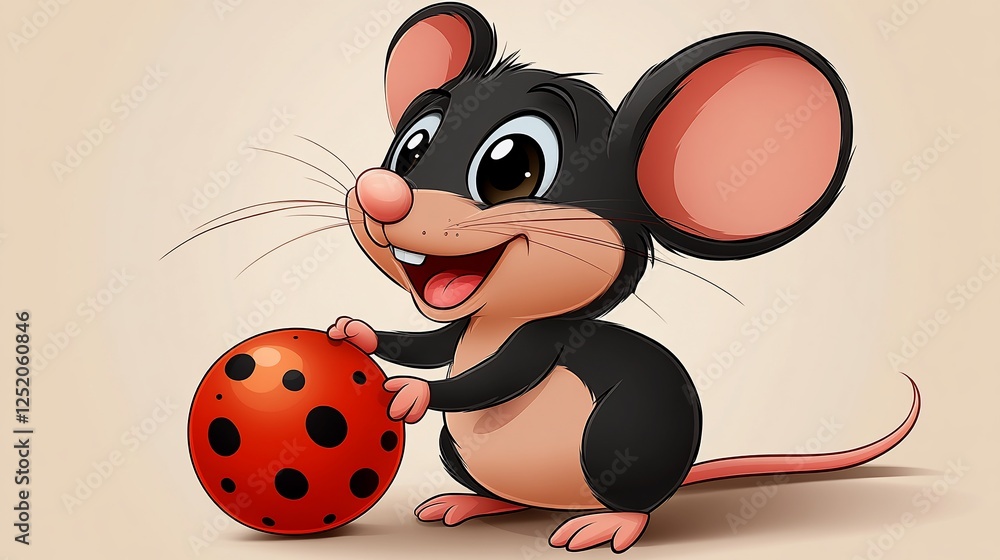 Fototapeta premium Cute cartoon mouse playing with ball, beige background, children's illustration