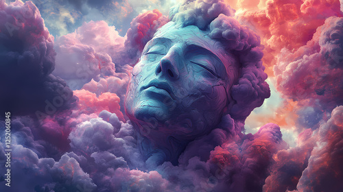 A digital artwork focused on a gargantuan head sculpture emerging from swirling, vivid clouds. Gargantuan Statues. Illustration