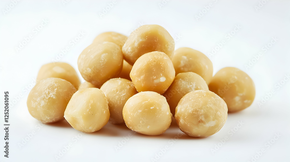Macadamia nuts displayed on a white background for culinary use or snack options Macadamia nuts displayed on a white background for culinary use or snack options