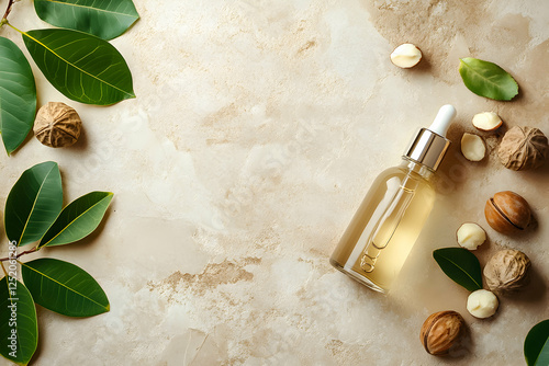 Wallpaper Mural Natural oil dropper bottle surrounded by nuts and leaves on a textured surface in a tranquil setting Torontodigital.ca
