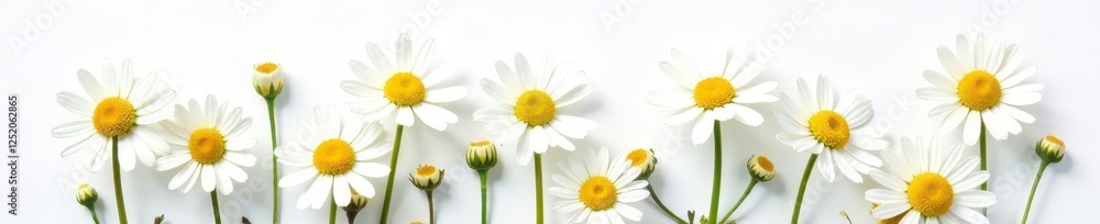 Fototapeta premium Delicate camomile flowers on white background, organic, nature, herbal