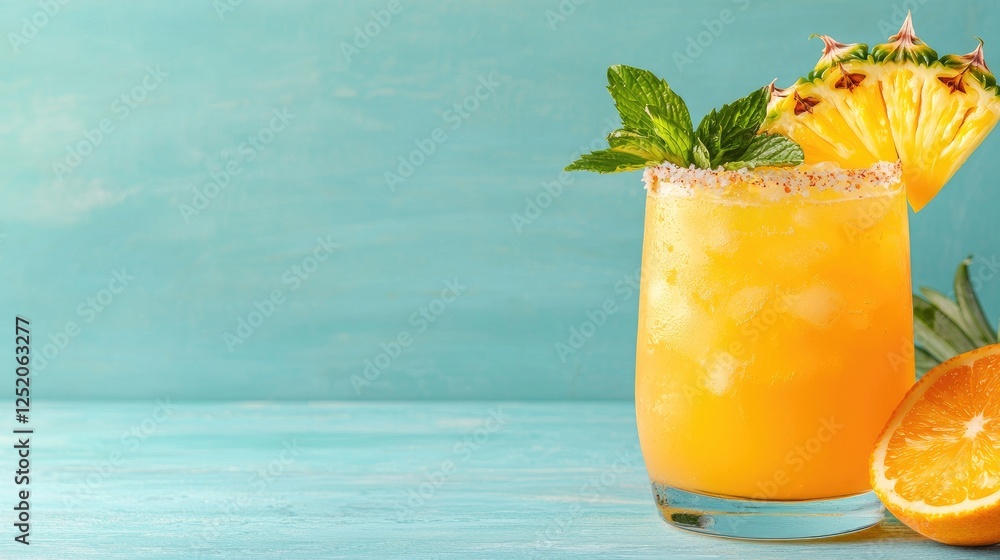 Fototapeta premium Tropical Pineapple Cocktail, Mint Garnish, Blue Background, Summer Drink Recipe
