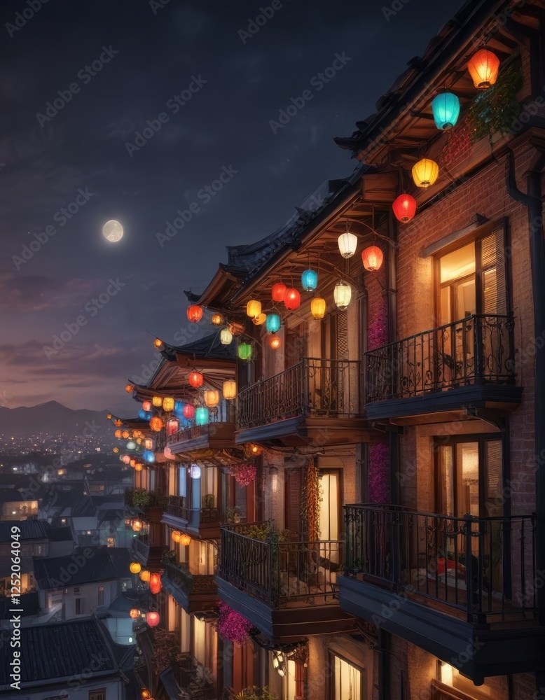 Colorful lanterns hanging from balconies and rooftops, vibrant colors, decorations