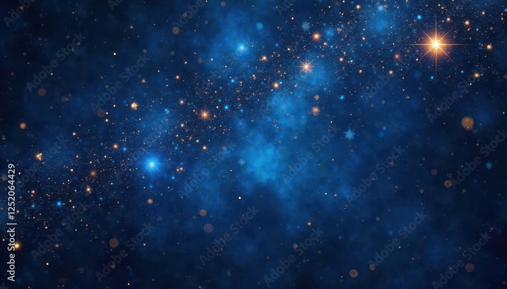 Fototapeta premium Navy blue cosmic backdrop, gold glitter stars, dark vignette , design, texture, magic