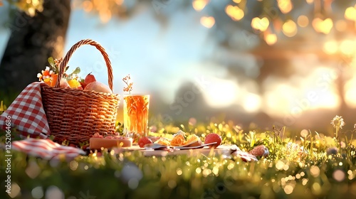 Picnic basket with fruits and drink on a blanket during a summer outdoor picnic setting photo