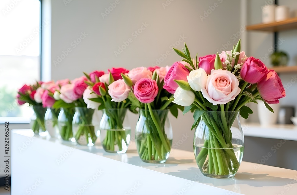 bouquets of tulips and roses in vases in floristic shop, St.Valentine's, 8th of March, Mother's Day, romantic concept bouquets of tulips and roses in vases in floristic shop, St.Valentine's, 8th of March, Mother's Day, romantic concept