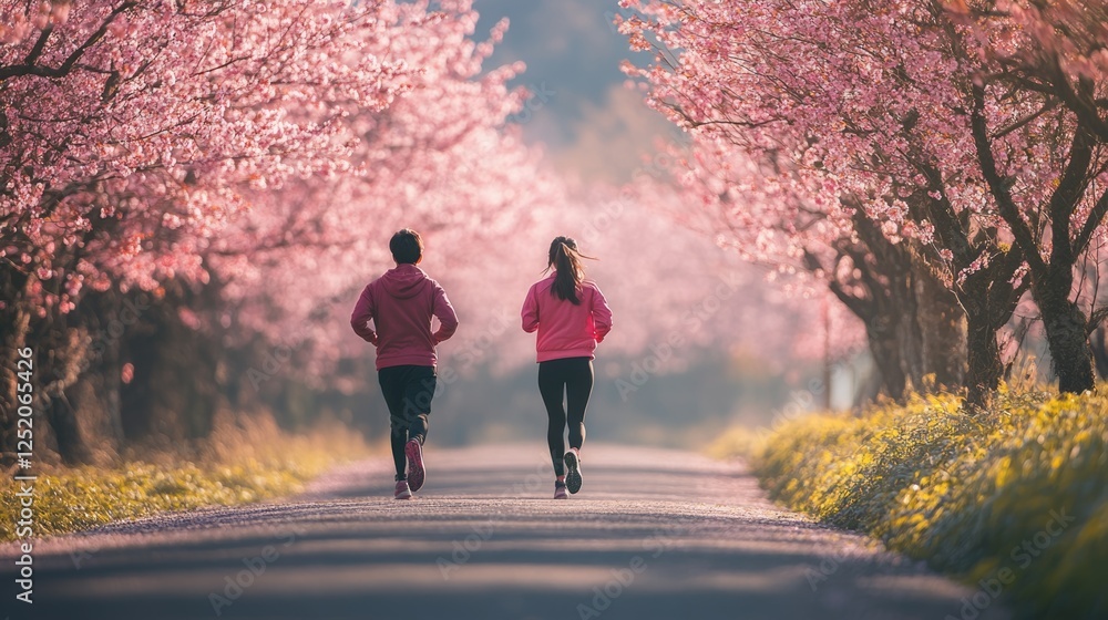 Obraz premium sweet happy Asian couple jogging together for exercise and their wellness at Fuji mountain area, Japan. 