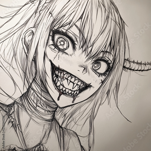 Dark and Eerie Hand-Drawn Illustration of a Sinister Figure with a Wide, Unsettling Grin, Capturing Horror and Psychological Tension photo