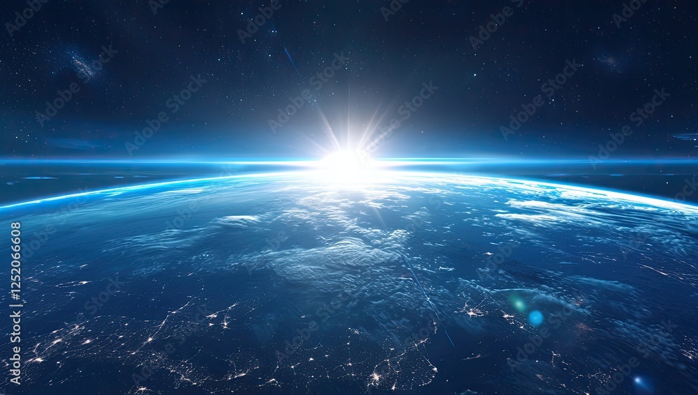 Vast expanse of earth seen from space, with a bright sunrise or sunset over the horizon, and scattered stars visible in the dark space surrounding it, showcasing the earth's blue and white tones Vast expanse of earth seen from space, with a bright sunrise or sunset over the horizon, and scattered stars visible in the dark space surrounding it, showcasing the earth's blue and white tones