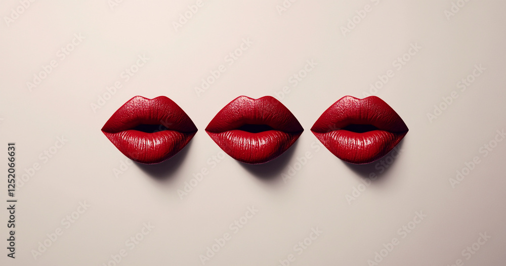 Obraz premium Three red lipstick kiss marks on a white background create a bold, graphic statement. The fun and expressive design is ideal for romantic, beauty-related visuals or promotional materials.