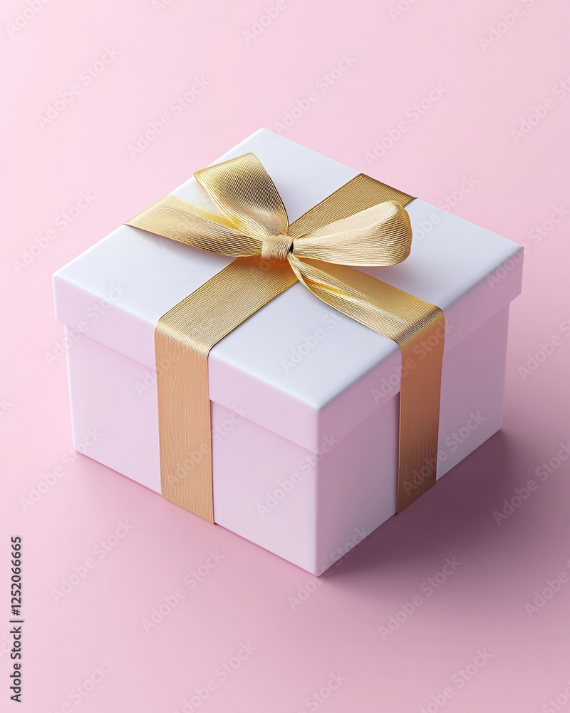 Obraz premium A minimalist gift box with a gold ribbon sits against a pink background. The isometric view and soft color palette of white and light purple create a chic, professional aesthetic for e-commerce.